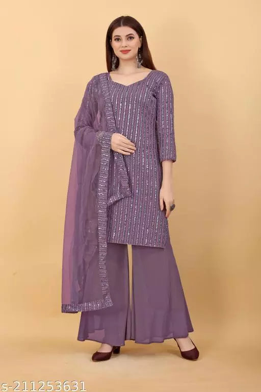 Women's Faux Georgette Sequence Embroidery Work Unstitched kurta(Dress Matirial) With Full Stitched Sharara and dupatta
