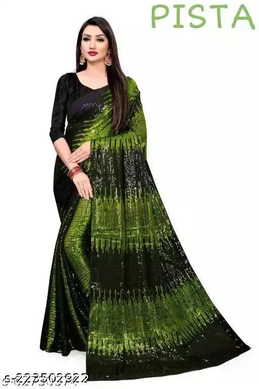NEW LAUNCHING SUPER HIT LIGHT GREEN DESIGNER SEQUANCE Georgette  SAREES BY KRADDLE
