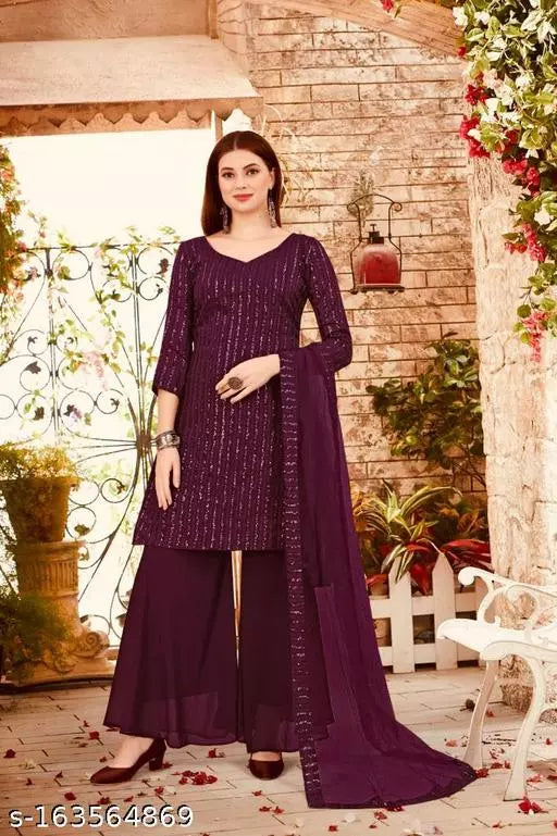 Women's Faux Georgette Sequence Embroidery Work Unstitched Top With Full Stitched Sharara and dupatta