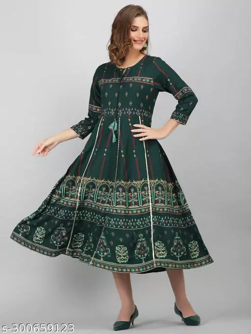 womens rayon printed kurta  long kurta  partywear kurta  trendy kurta  festival kurta