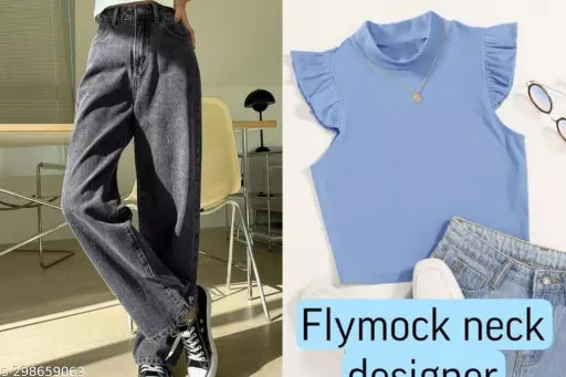 STYLISH DENIM JEANS + DESIGNER FRILL TOP COMBO               TOP SIZE IS FREE(28/34)      JEANS SIZE WAIST KE ACCORDING