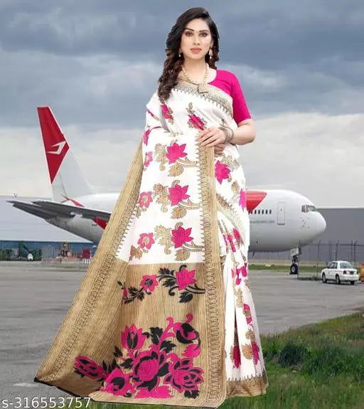 LIGHT WEIGHT FLORAL DESIGNER BEST PRICE ( KHAADI -ART SILK MIX MATERIAL) SKIN FRIENDLY SAREE WITH UNSTICHED BLOUSE