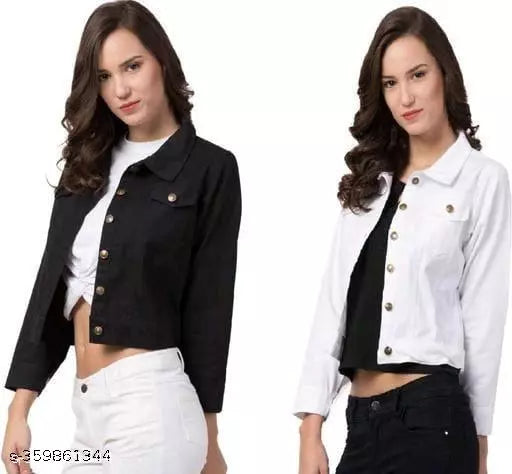 Jkp Collections Women's & Girl's Combo Denim Jacket  Casual  Solid Full Sleeve Jacket In Color White::Black