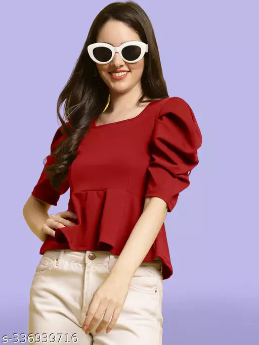 Women Square Neck Puff Sleeves Peplum Top (Women Top | Women Tops | Top)