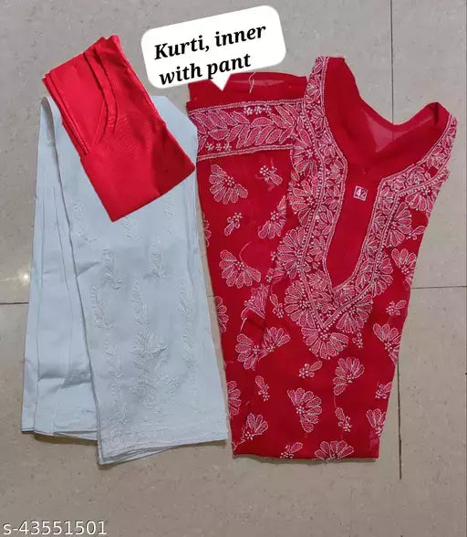 Handwork Chikankari Butterfly Chiffon kurti set+pant+inner.