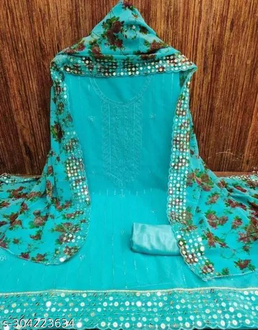 Women's Sky Blue Floral Embroidered Georgette Suits & Dress Materials
