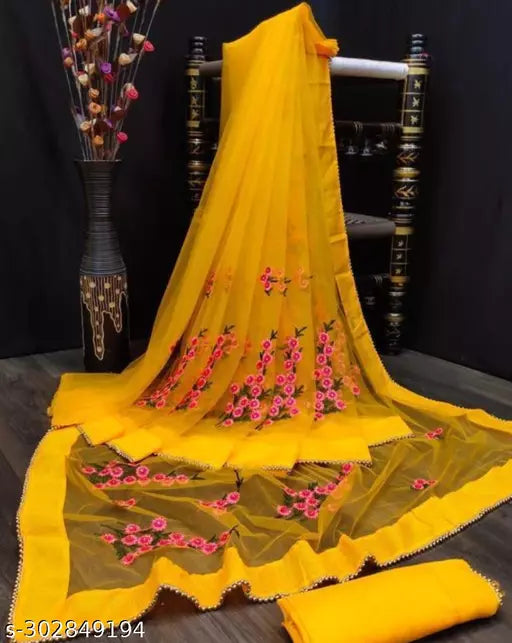 Net sarees with beautifull Embroidered work and unstiched Blouse pieces with all over border fancy moti work Gold Colours