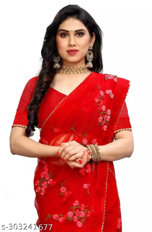 Bollywood Celebrity inspired Explore net saree With beautifull Embroidered all over moti work red colours