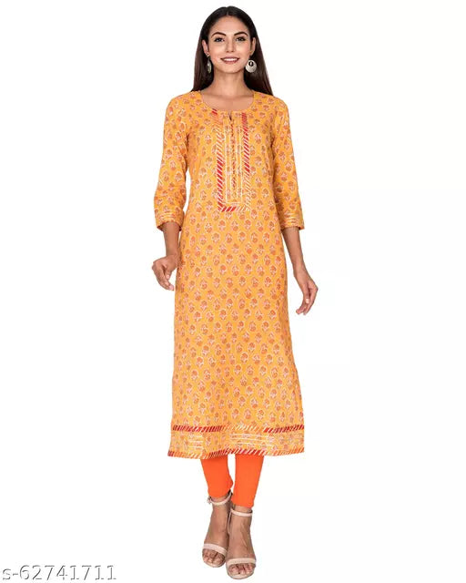 Swasti  Women Printed Pure Cotton Straight Kurta  (Yellow)