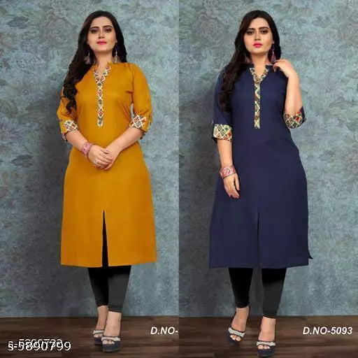 Women Cotton High- Slit Solid Mustard Kurti