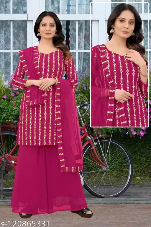 Women's Faux Georgette Sequence Embroidery Work Unstitched Top With Full Stitched Sharara and dupatta