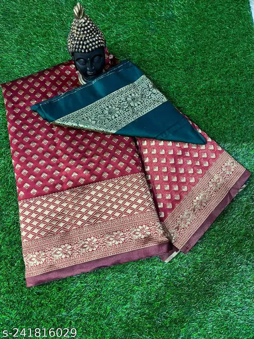 Woven Kanjivaram Jacquard  Pure Silk Saree  Banarasi Sarees jacquard silk saree Wedding Wear Party Wear Daily Wear sarees Maroon Blue