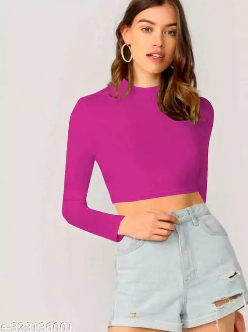 Casual Polyester Blend Round Neck Long Sleeves Crop Top
