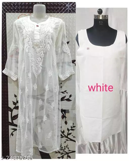 Handwork Embroidered Chikankari Chiffon Galabooti Long kurti.