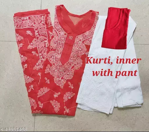 Handwork Chikankari Butterfly Chiffon kurti set+pant+inner.