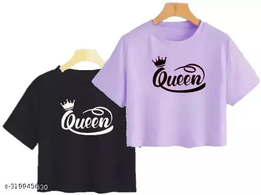 Trendy Feminine Printed Crop Tshirt Round Neck Top For Womens (Combo2)