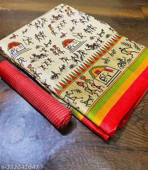 WARLI PRINTED KHADI SILK BLENDED LIGHT WEIGHT COMFERTABLE WEAR DESIGNER SAREE WITH BLOUSE