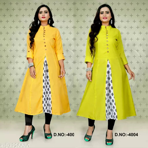 Women Cotton Blend Panelled Printed Yellow Kurti