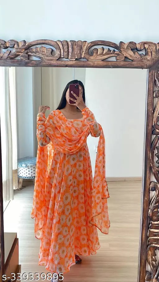 QVAZOR Stylish Fancy Trendy Printed Georgette Gown For Women For Party Wedding Festival Functions