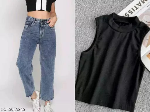 JKP COLLECTION Women & Girl Casual Top & Jeans Set  Top Fabric Cotton Lycra Pattern Solid  Sleeveless  Bottom Fabric Denim Pattern Solid  Full Lenth Sleeve In Color Black Dark Blue
