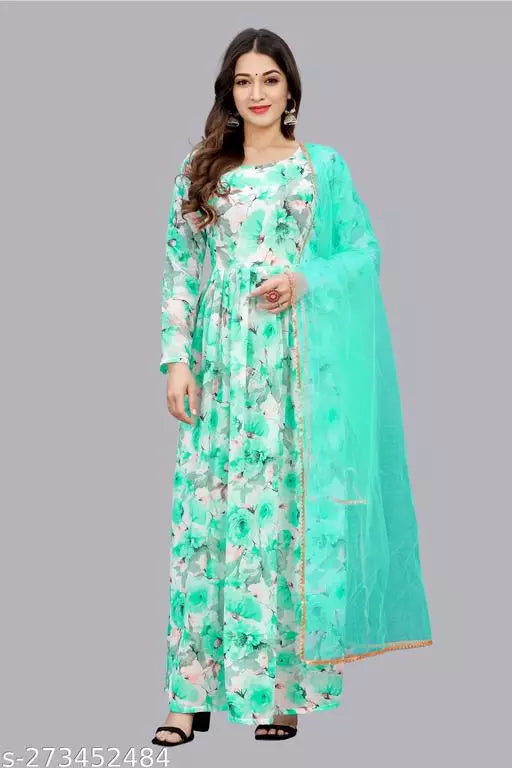 QVAZOR Stylish Fancy Trendy Printed Georgette Gown For Women For Party Wedding Festival Functions