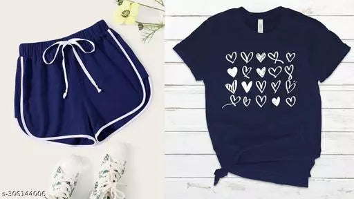 Vivient Women Black Shorts and Blue Hearts Printed T-Shirt Combo