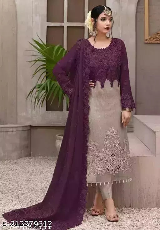 Women's Beige Floral Embroidered Georgette Semi Stitched Suits