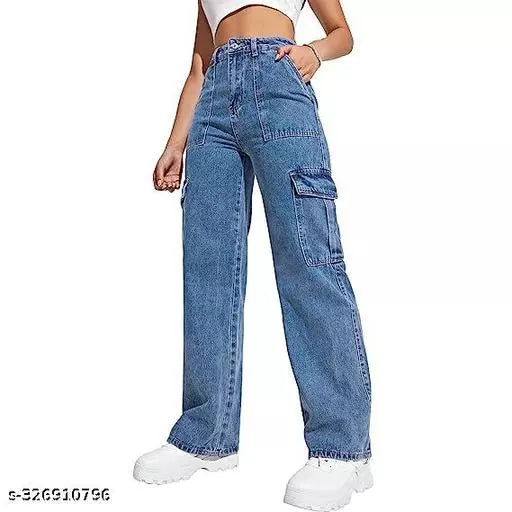 WOMEN LATEST CARGO TROUSERS | SOLID HIGH-RISE CARGO JEANS | 6 POCKET WIDE LEG DENIMS | 80'S ROCKER-CHIC INSPIRED CARGO PANTS | SIT ABOVE | NON-STRETCH FIT WITH A WIDE LEG | SPORTY LOOK LOOSE FIT DENIMS