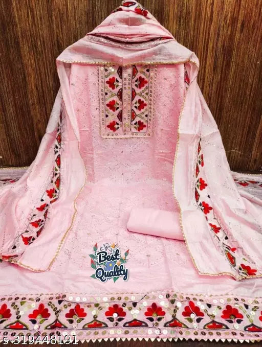 Unstiched Party Wear Chanderi Cotton Mirror Work Lavender Colour Salwar Suits & Dress Materials